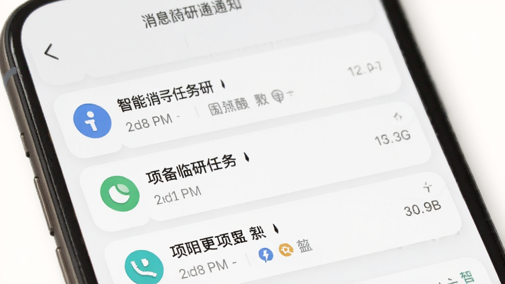 智能临研i的消息通知界面,手机屏幕上显示多条任务提醒和项目更新通知,每条通知带有图标和时间戳,背景为白色简洁风格,布局为手机屏幕特写,风格为现代移动应用设计,细节包括通知卡片的圆角和分隔线,画质清晰干净无多余元素