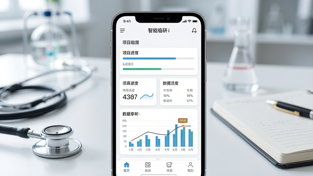 一张展示智能临研i手机应用界面的场景图,画面中央是一部智能手机,屏幕上显示智能临研i的首页仪表盘,包含项目进度条和数据图表,背景是简洁的医疗研究办公环境,布局为手机特写居中,周围有听诊器和笔记本作为点缀,风格为现代科技感写实风格,细节包括屏幕上的数据卡片和导航栏图标,画质清晰干净无多余元素