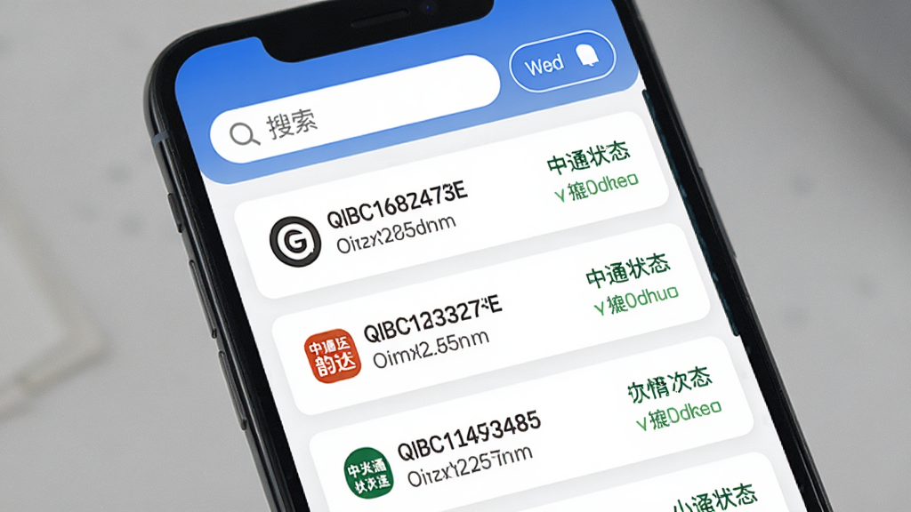 Q必达批量查件功能界面,手机屏幕显示多行快递单号和对应物流状态,顶部有搜索框和筛选按钮,背景为白色卡片式布局,风格清爽商务,细节包含圆通、中通、韵达等快递公司图标,画质清晰,干净,无多余元素
