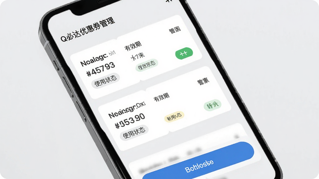Q必达优惠券管理界面,手机屏幕显示优惠券列表和发放按钮,背景为浅灰色,布局为卡片式排列,风格简约现代,细节包含优惠券面额、有效期、使用状态标签,画质高清,干净,无多余元素