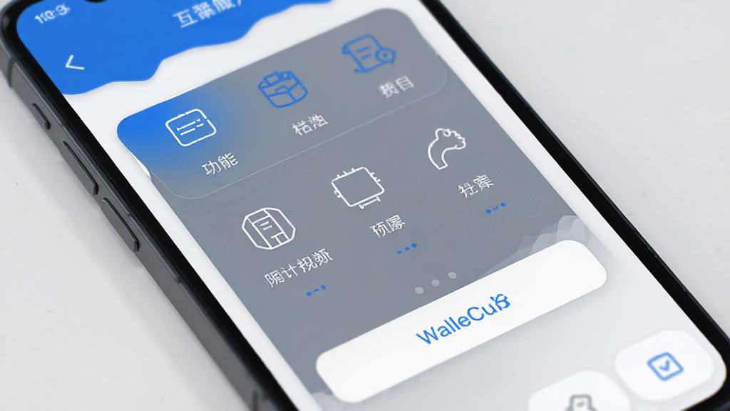WalleCube交互设计展示,画面为手机屏幕特写,屏幕内显示功能菜单与操作按钮,图标线条简洁,配色以蓝白灰为主,风格极简现代,画质细腻干净,无多余元素
