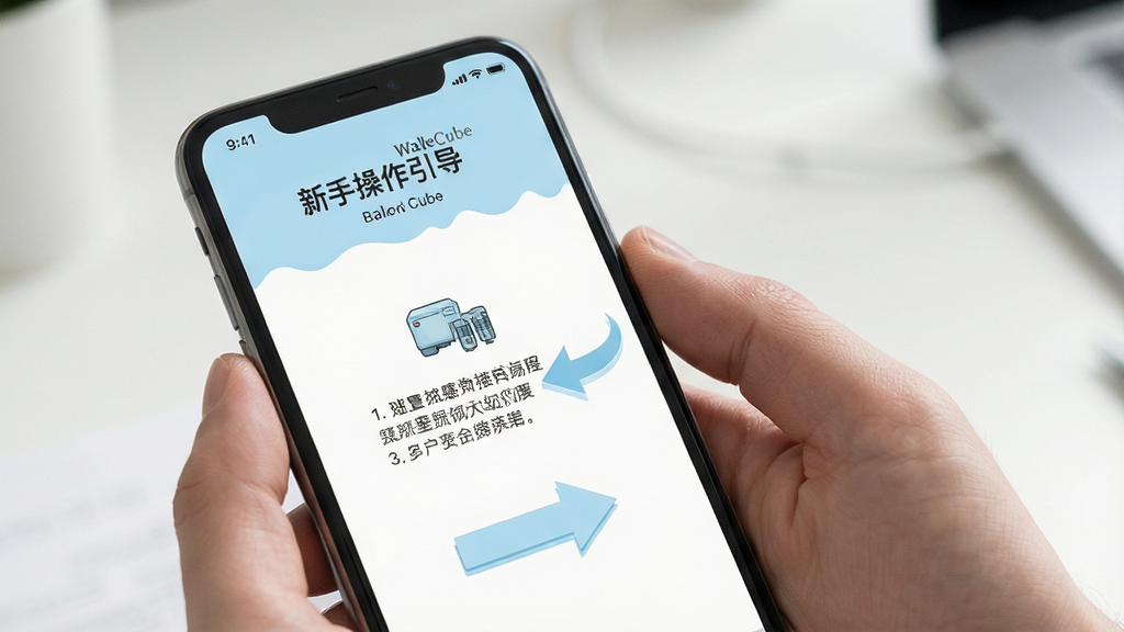 WalleCube新手操作引导页面,画面为手机屏幕展示步骤提示与箭头指引,界面风格清新简洁,配色柔和,细节清晰,画质干净,无多余元素