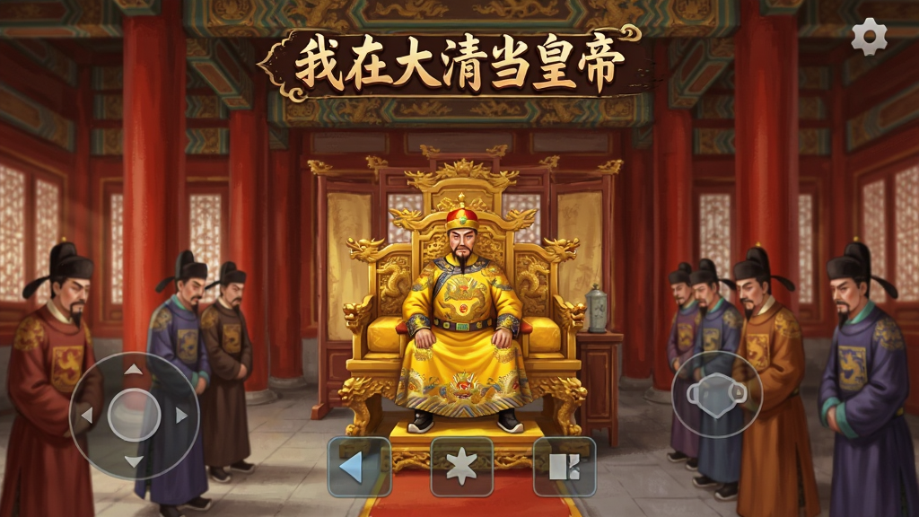 一张古风宫廷场景的竖版手机游戏截图,画面中央是一位身穿明黄色龙袍的皇帝端坐在金銮殿龙椅之上,殿内红柱金瓦、雕梁画栋,文武百官分列两侧,画面下方有半透明的游戏操作按钮,整体风格为精致国风手绘,色彩以朱红、金色、深棕为主,画质清晰,构图饱满,干净无多余元素,图片上方中央有