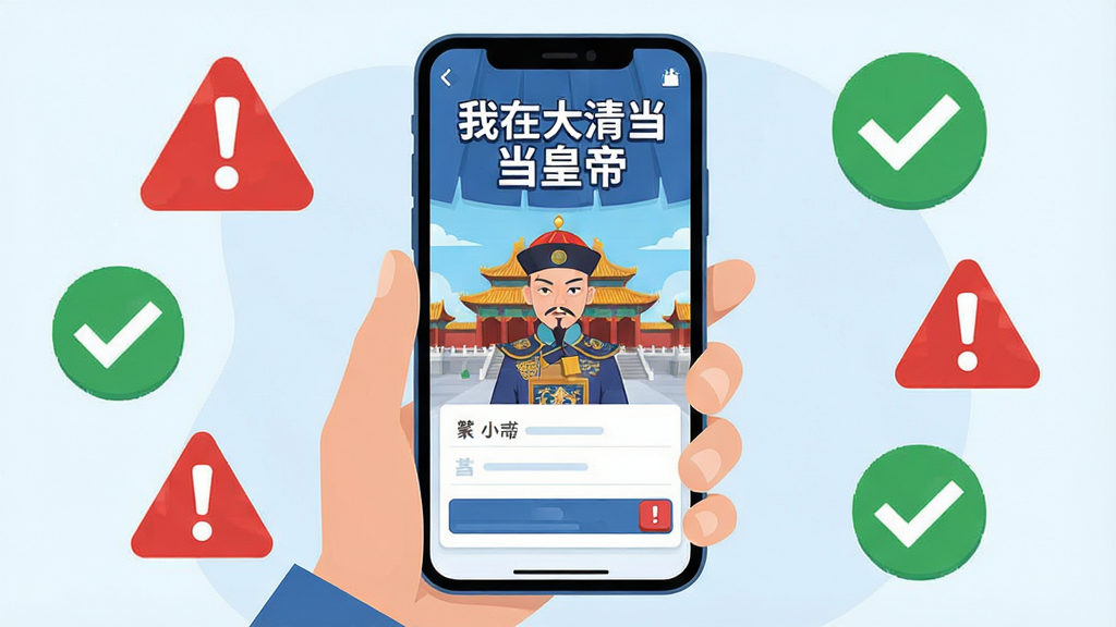 一张竖版手机游戏界面截图风格插画,画面展示一位新手玩家手持手机,手机屏幕上显示《我在大清当皇帝》的游戏主界面,画面周围有红色警示图标与绿色对勾图标,风格为扁平化信息图,色调以蓝色、白色与红色为主,构图简洁明了,画质清晰,干净无多余元素,画面中有