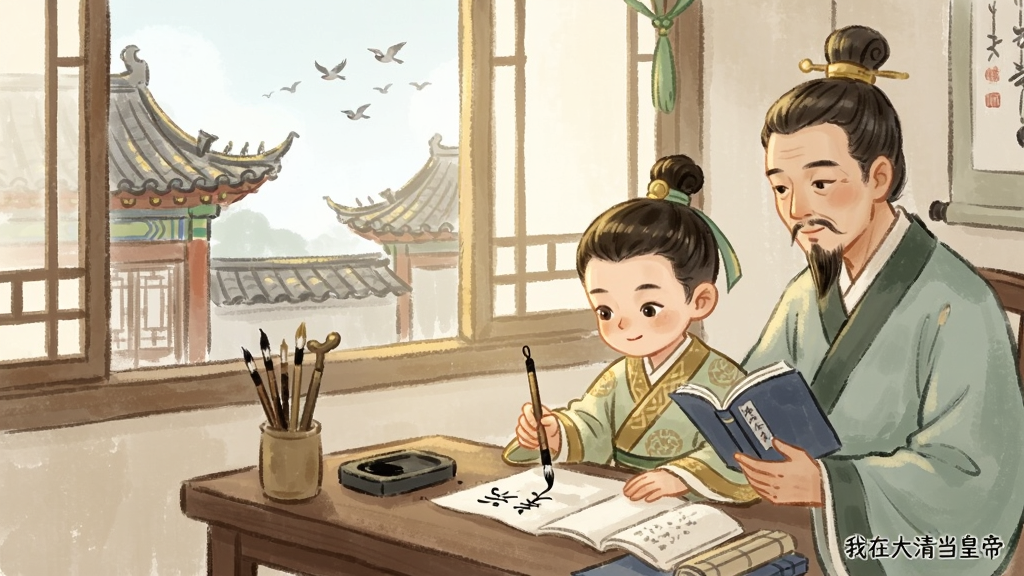 一幅古风竖版插画,画面展示一位年幼皇子在书房中跟随太傅读书习字,窗外可见宫廷屋檐与飞鸟,画面风格为清新古风手绘,色调以浅绿、米白与金色为主,构图温馨雅致,画质细腻,干净无多余元素,画面角落有