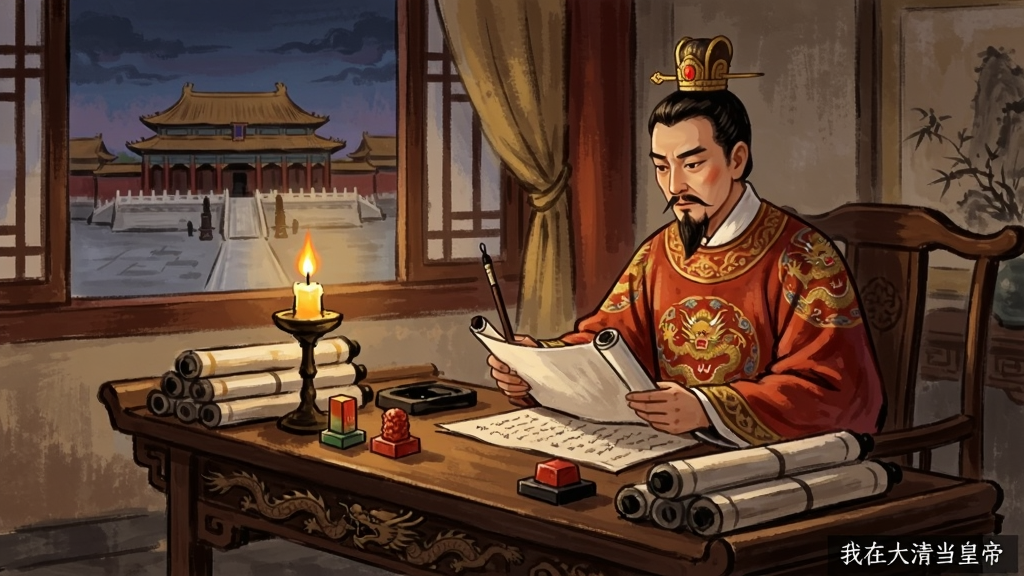一幅竖版国风插画,画面展示一位皇帝坐在御书房龙案前批阅奏折,案上堆满卷轴与印章,烛光摇曳,窗外是紫禁城夜景,画面风格为细腻古风手绘,色调以暖黄与深红为主,构图突出人物与案桌,画质精细,干净无多余元素,画面角落有