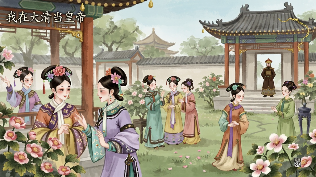 一幅古风宫廷竖版插画,画面描绘后宫花园中多位身着旗装的妃嫔在亭台楼阁间赏花交谈,远处皇帝身影若隐若现,画面风格为唯美古风手绘,色调以粉紫、翠绿与金色为主,构图层次分明,画质细腻,干净无多余元素,画面中有