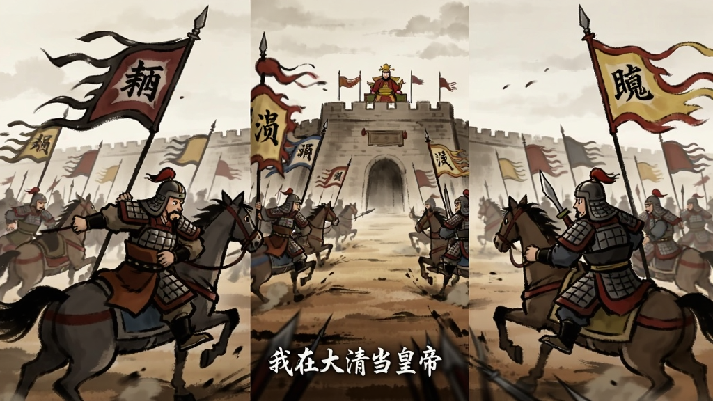 一幅竖版国风战争场景插画,画面展示两支古代军队在城墙下交战,旗帜飘扬,远处有皇帝坐镇指挥,画面风格为大气古风手绘,色调以暗红、土黄与深灰为主,构图动感十足,画质清晰,干净无多余元素,画面底部有