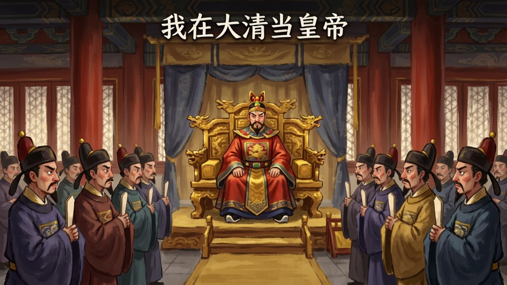 一幅竖版国风游戏画面,描绘金銮殿上皇帝端坐龙椅,下方多位身着朝服的大臣手持笏板列队站立,人物表情各异,背景为宏伟宫殿内部,画面风格为精致古风手绘,色调以朱红、金色与深蓝为主,构图对称庄重,画质清晰,干净无多余元素,画面顶部有