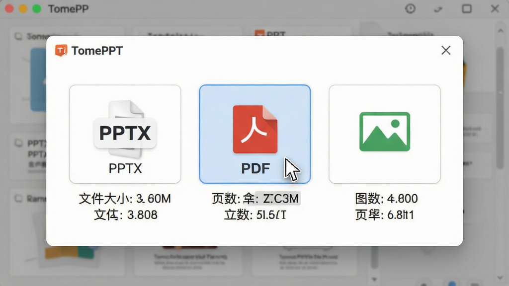 一张展示TomePPT导出格式选择界面的图片,画面为软件弹窗,弹窗内排列着PPTX、PDF、图片三个大图标按钮,按钮下方有文件大小与页数说明,布局为居中弹窗,风格为清爽工具风,细节包括鼠标指针悬停在PPTX按钮上,画面中带有“TomePPT”标识,画质清晰干净,无多余元素