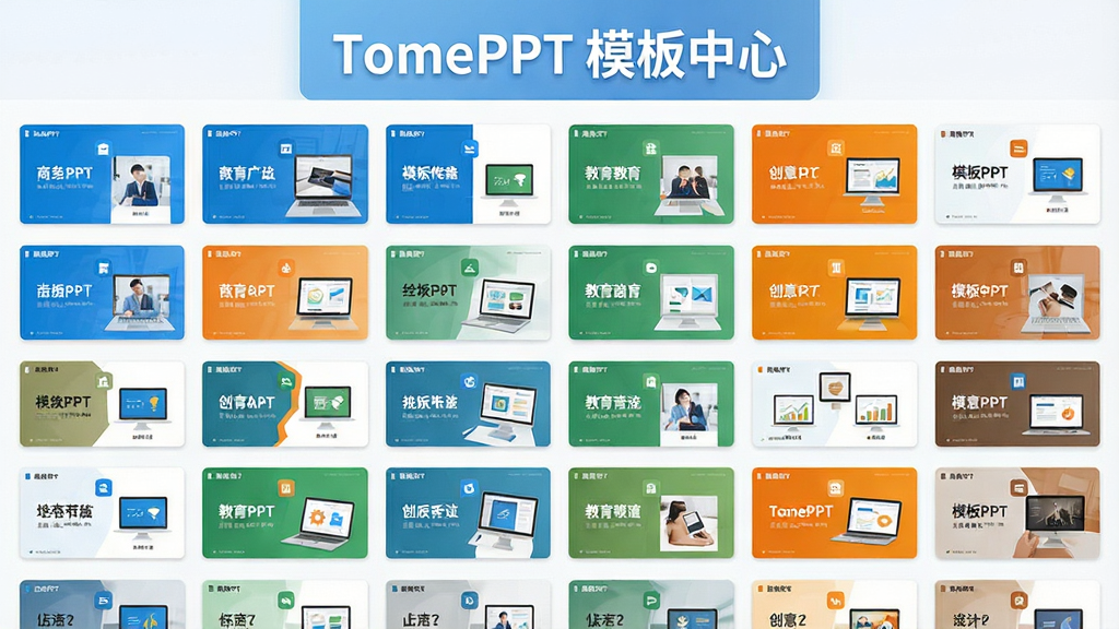一张展示TomePPT模板库墙的图片,画面为网格状排列的幻灯片缩略图,涵盖商务蓝、教育绿、创意橙等多种风格,布局为整齐的卡片墙,风格为清新明快,细节包括每张缩略图上的小图标与标题文字,画面顶部有“TomePPT 模板中心”标识,画质清晰干净,无多余元素