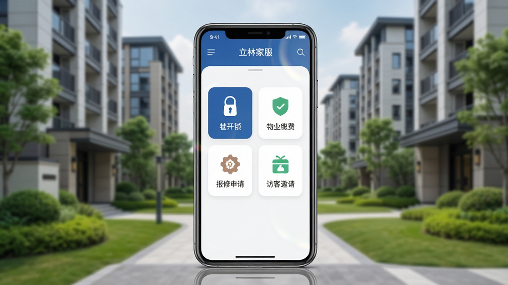 立林家服软件主界面展示图,画面中央放置一部智能手机,手机屏幕显示立林家服APP首页,包含门禁开锁、物业缴费、报修申请、访客邀请四个功能图标,背景为现代小区楼栋与绿化景观,整体布局左右均衡,风格简约科技感,细节上手机边缘有轻微光影反射,画质高清,干净,无多余元素