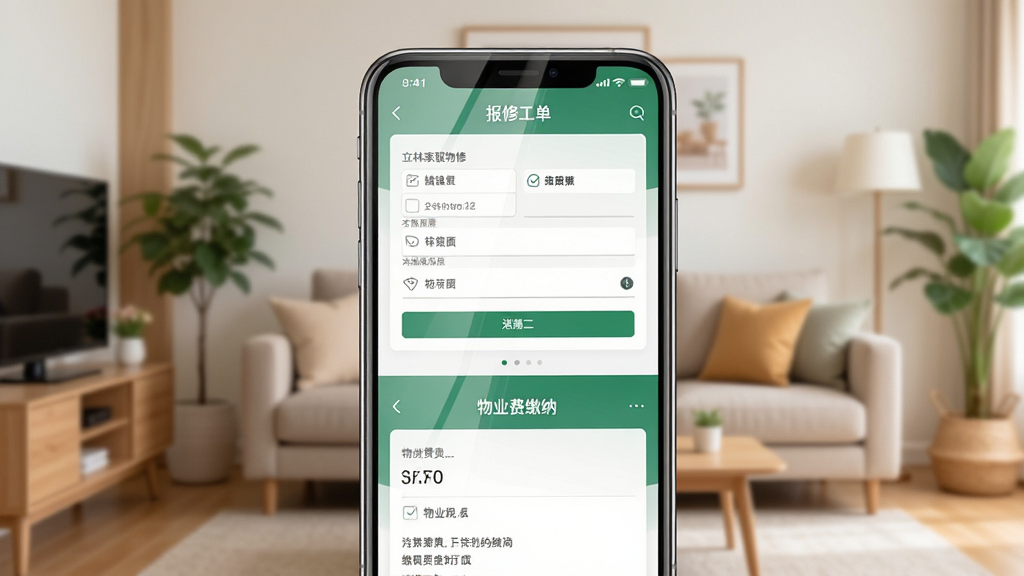 立林家服物业报修与缴费功能展示图,画面中央为手机屏幕,屏幕上半部分显示报修工单填写界面,下半部分显示物业费缴纳页面,背景为温馨家庭客厅场景,布局上下分屏,风格清新简约,细节上屏幕有轻微反光,画质高清,干净,无多余元素