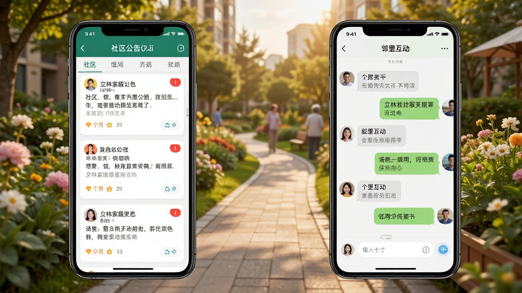 立林家服社区公告与邻里互动功能展示图,画面左侧为手机屏幕显示社区公告列表,右侧为邻里互动聊天界面,背景为小区花园步道场景,布局左右并排,风格温暖生活化,细节上公告卡片有红色未读标记,画质高清,干净,无多余元素