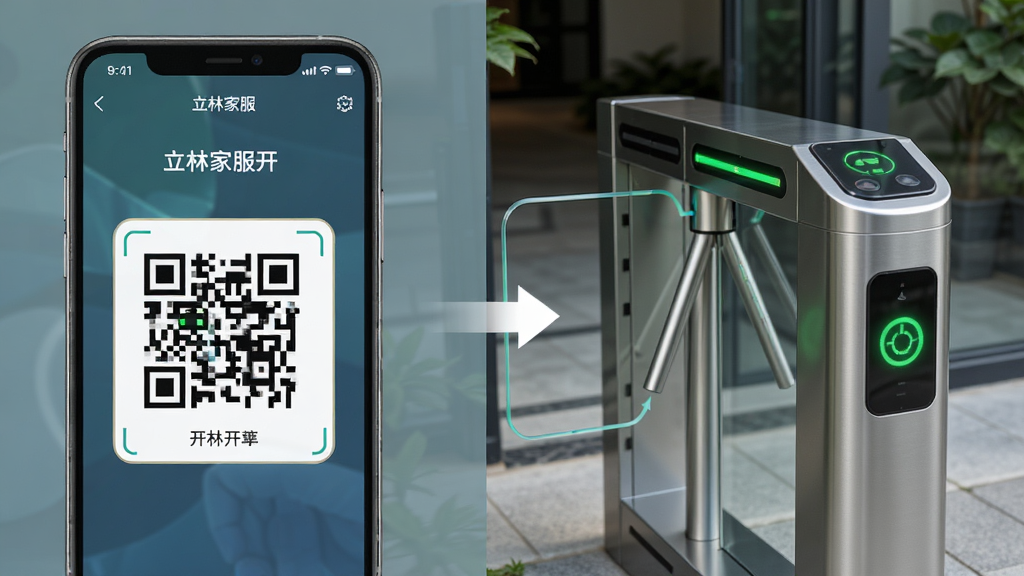 立林家服一键开门功能展示图,画面左侧为手机屏幕特写,显示立林家服开门界面与二维码,右侧为小区门禁闸机实景,中间用箭头连接表示手机开门动作,布局左右对比清晰,风格写实科技风,细节上门禁指示灯为绿色,画质高清,干净,无多余元素