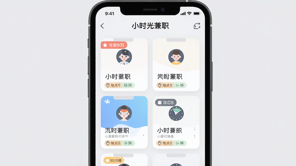 �ֻ�����չʾСʱ���ְAPP��λ�б�����ͬ��λ��Ƭ�������У���Ƭ����н�ʱ�ǩ�͵ص��ǩ������Ϊǳ��ɫ����ƽ��ͼ���񣬻��������ɾ���ͻ����Ϣ��Σ����廭��