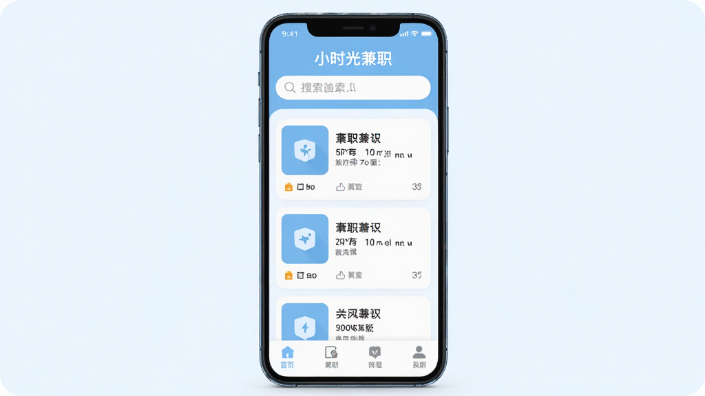 �ֻ���ĻչʾСʱ���ְAPP��ҳ���棬�Ϸ����������м俨Ƭʽ��ְ��λ�б����ײ���������ǳ��ɫ���ɫ��ɫ������ƽ����Ʒ�񣬻���ɾ����࣬�޶���Ԫ�أ����廭��