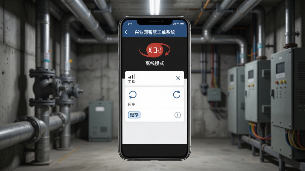 软件名称“兴业源智慧工单系统”,画面主体是一部手机处于地下室或设备间环境中,屏幕显示离线模式标识与工单填写界面,布局采用居中构图,背景为管道与设备,风格为写实工业风,细节包括信号格图标、同步箭头、缓存标签,画质高清干净,无多余元素