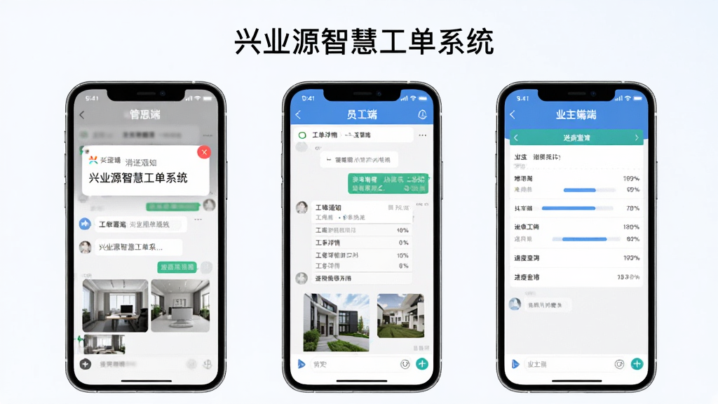 软件名称“兴业源智慧工单系统”,画面主体是三部手机并排展示,分别代表管理端、员工端和业主端界面,屏幕中显示消息推送通知、工单详情和进度查询页面,布局采用横向排列,风格为清新简约风,细节包括通知角标、聊天对话框、图片缩略图,画质高清干净,无多余元素
