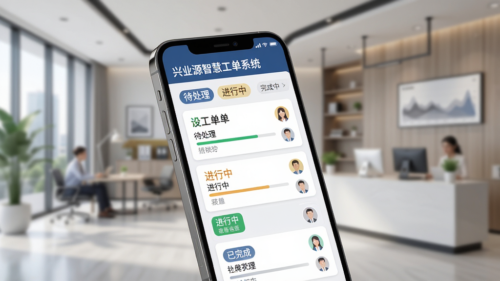 软件名称“兴业源智慧工单系统”,画面主体是一部智能手机,屏幕中展示工单列表界面,包含待处理、进行中、已完成等状态标签,背景是现代化小区物业管理处场景,布局采用居中构图,手机略微倾斜展示屏幕内容,风格为简洁商务科技风,细节包括工单卡片、进度条、人员头像图标,画质高清干净,无多余元素