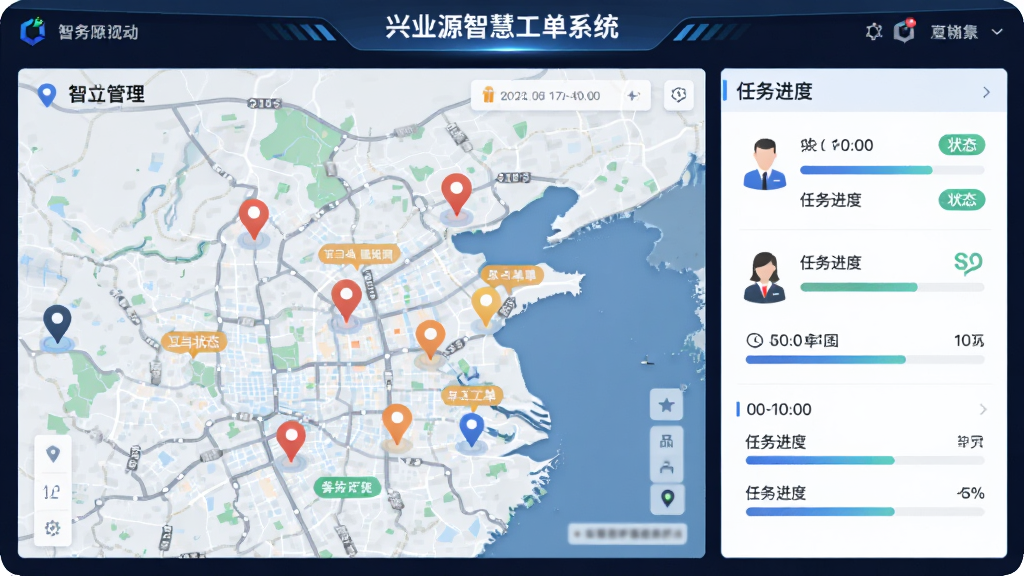 软件名称“兴业源智慧工单系统”,画面主体是一块数字化管理看板,看板上显示城市地图与多个工单标记点,旁边有人员图标和任务进度条,布局采用左右分栏,左侧为地图右侧为数据面板,风格为现代科技商务风,细节包括定位图标、时间戳、状态标签,画质高清干净,无多余元素