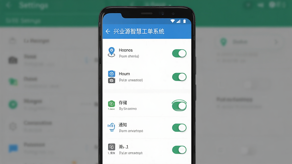 软件名称“兴业源智慧工单系统”,画面主体是一部安卓手机显示权限设置页面,页面中包含定位、相机、存储、通知等权限开关,布局采用居中构图,背景为手机设置界面,风格为简洁扁平化,细节包括权限图标、开关按钮、提示文字,画质高清干净,无多余元素