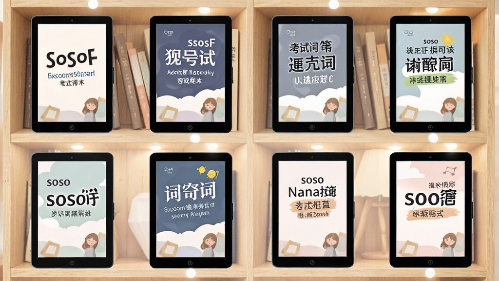 一张展示soso背单词词书选择界面的图片,画面中整齐排列着多本电子书封面,每本书上标有不同考试名称,背景为木质书架,风格温馨学习氛围,细节清晰,画质干净,无多余元素