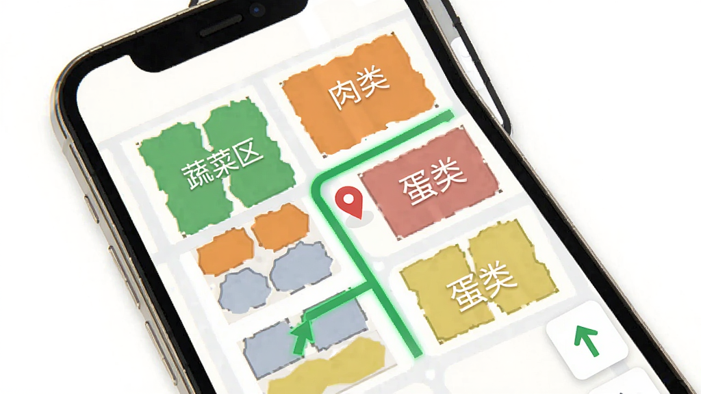 鲁中批发App档口地图界面展示,手机屏幕显示批发市场平面图,不同颜色标注蔬菜区肉类区蛋类区,地图上有定位图标和路线指引箭头,界面简洁清晰,白色背景配绿色高亮路线,扁平化UI风格,高清画质干净无多余元素