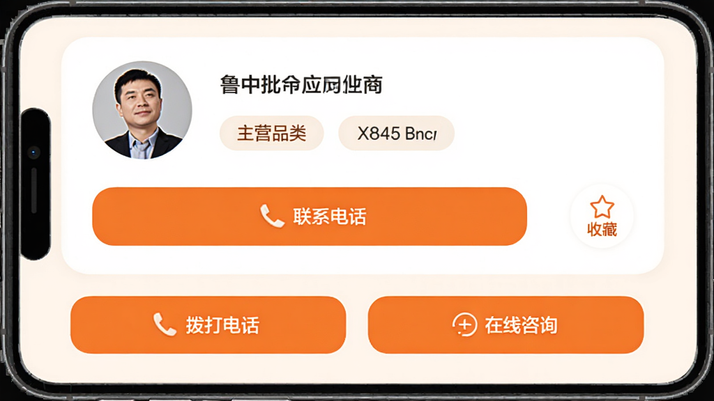 鲁中批发应用供应商详情页面,手机屏幕显示商户头像、主营品类标签、联系电话按钮和收藏图标,页面下方有拨打电话和在线咨询两个操作按钮,界面采用卡片式布局,浅色背景配橙色按钮,整体风格干净商务,高清画质无多余装饰
