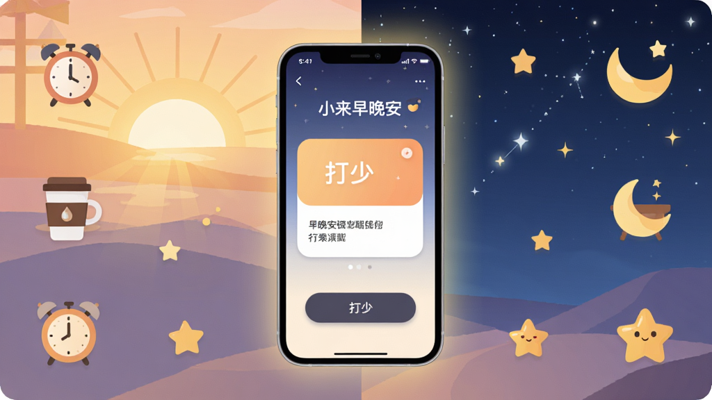 ���廭�����峿�ճ���ҹ���ǿ�Ϊ�����������������һ�������ֻ����ֻ���Ļ����ʾ��С����������Ӧ�ý��棬�������д򿨰�ť���������ʺ�Ƭ����Χ���������ӡ����ȱ������������ǵ�Сͼ�꣬���ֲ������ҶԳƵĹ�ͼ��ʽ�����������ů��ƽ����ƣ�ϸ�����ֻ���Ļ����͹��Σ������н���ɫ�ʹ��ɣ����ʸ���ɾ��޶���Ԫ��