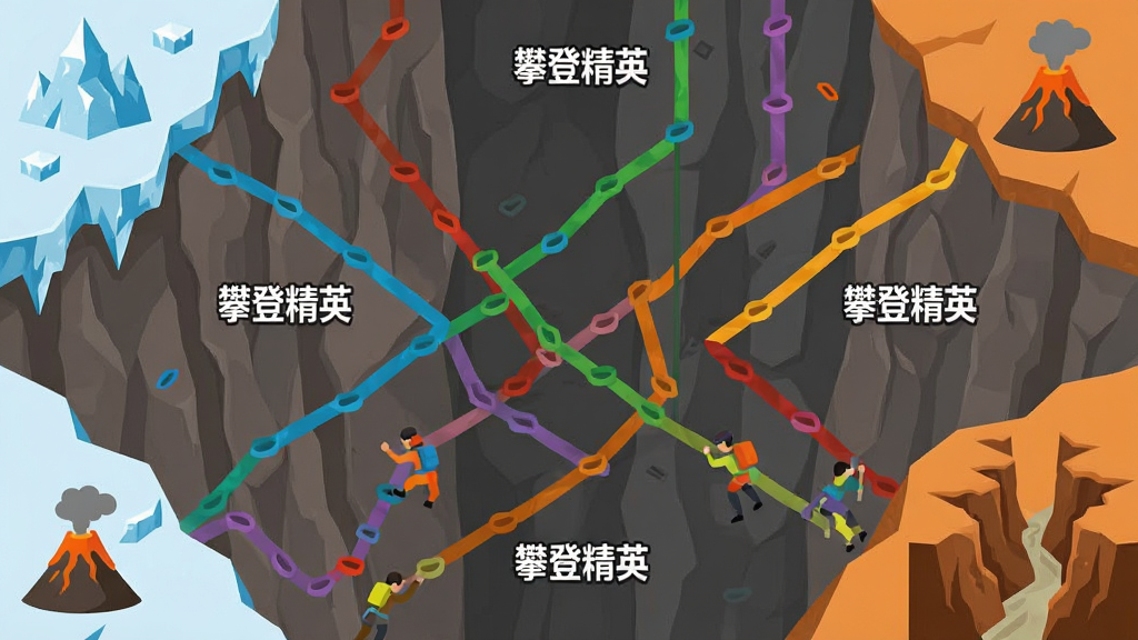 画面为俯视视角的攀岩关卡地图,多条不同颜色的攀爬路线交错分布在岩壁上,路线旁标注着“攀登精英”字样。地图边缘有冰川、火山、峡谷三种地形图标。整体风格为扁平化游戏地图设计,色彩区分明显,布局清晰,画质干净,无杂乱元素。