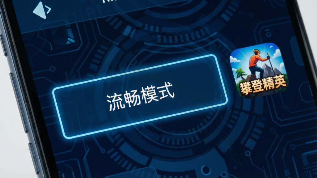 画面为一个手机屏幕显示游戏设置界面,界面中高亮标注“流畅模式”选项,旁边有“攀登精英”游戏图标。背景为深蓝色科技感纹理,风格简洁明了,细节清晰,画质干净,无多余文字。