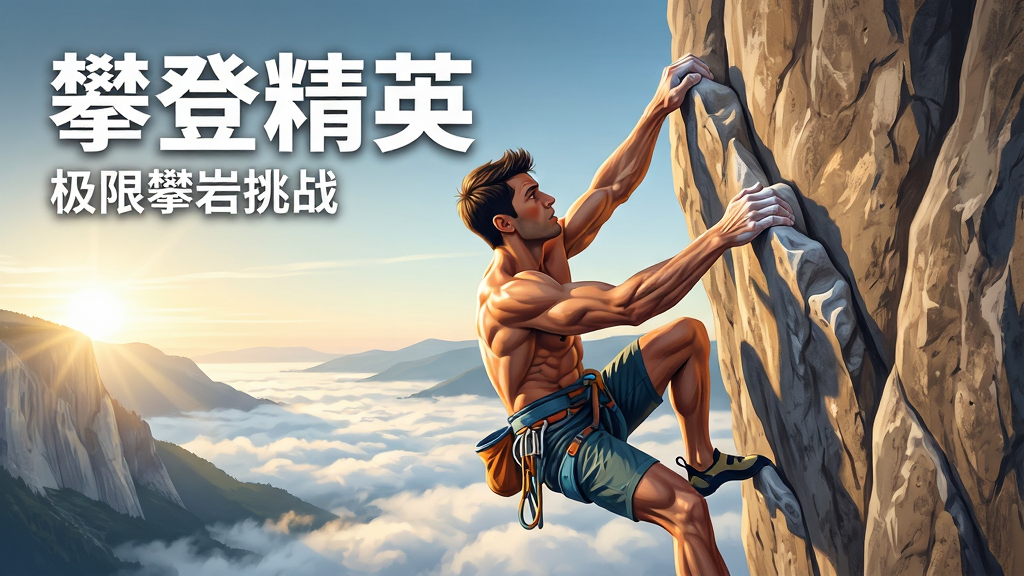 画面中央是一位身着运动装的攀岩者,正悬挂在陡峭的岩壁上,双手紧握岩点,身体呈向上发力姿态。背景是清晨的山谷与云海,光线从侧面照射,突出人物肌肉线条与岩石纹理。画面左上角用白色粗体字标注“攀登精英”,下方小字标注“极限攀岩挑战”。整体风格写实偏插画,色彩干净明亮,细节丰富,画质高清,无多余元素。