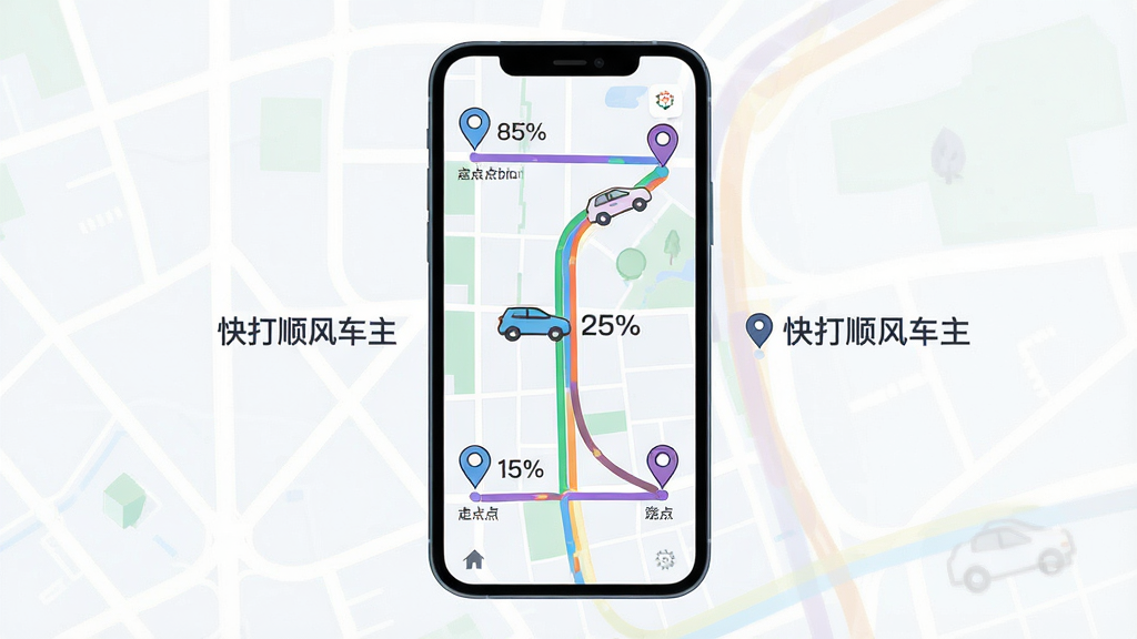 一幅展示快打顺风车主智能路线匹配功能的AI生成图,主体为手机屏幕中显示多条彩色路线交织在地图上,布局采用中心对称构图、手机居中放置,排版简洁明了,风格为扁平化科技插画风,细节包括路线上的起点终点标记、顺路百分比数字、车辆图标,画面中打文字“快打顺风车主”,画质高清,干净,无多余元素