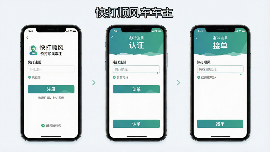 一幅展示快打顺风车主新手使用流程的AI生成图,主体为手机屏幕依次显示注册、认证、接单三个步骤的操作界面,布局为三屏并排从左至右排列,排版清晰有序,风格为扁平化UI展示风,细节包括每屏中的按钮、输入框与提示文字,画面中打文字“快打顺风车主”,画质高清,干净,无多余元素