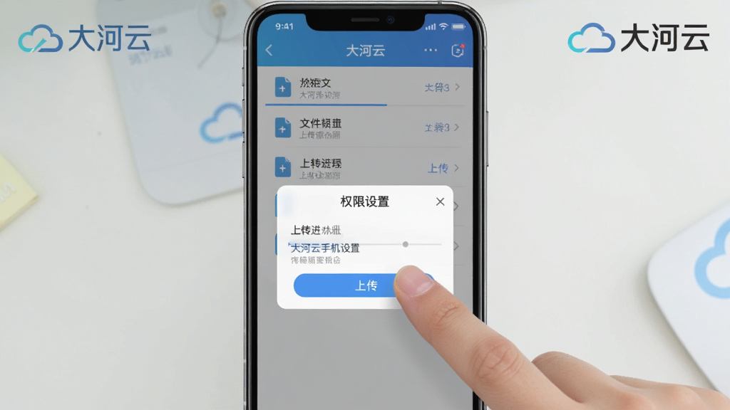 一张展示大河云手机端操作界面的图片,画面中手指正在点击屏幕上的上传按钮,界面显示文件列表和上传进度,画面角落有“大河云”文字标识,布局采用手机屏幕竖版构图,风格简洁实用,细节上体现权限设置弹窗,画质清晰,干净,无多余元素