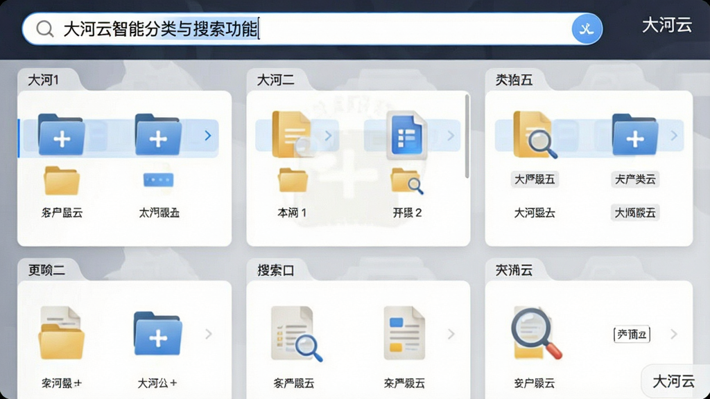 一张展示大河云智能分类与搜索功能的界面截图风格图片,画面中文件按类型自动分组排列,顶部搜索框输入关键词后显示高亮匹配结果,画面角落有“大河云”小字标识,布局采用网格状排版,风格简洁商务,细节上文件图标清晰,画质高清,干净,无多余元素