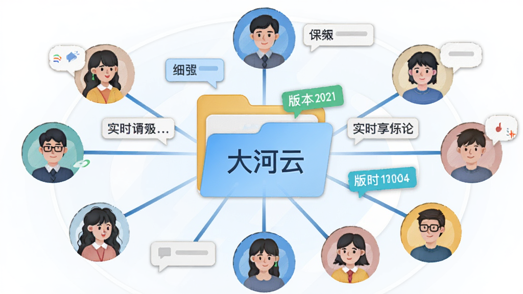 一幅描绘大河云团队协作场景的插画,画面中多位用户头像围绕一个共享文件夹,文件夹上标注“大河云”名称,用户之间用连线表示数据交互,布局呈圆形放射状,排版活泼,风格现代办公插画,细节上体现实时评论气泡和版本号标签,画质清晰,干净,无多余元素