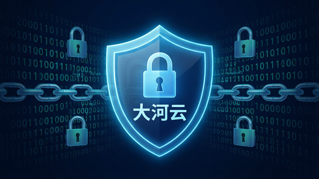 一张表现大河云安全加密功能的图片,画面中心是一个发光的盾牌图标,盾牌内部显示锁形图案和“大河云”字样,周围环绕着二进制代码和加密锁链元素,布局居中对称,排版紧凑,风格稳重的网络安全视觉,细节上体现加密数据流,画质高清,干净,无多余元素