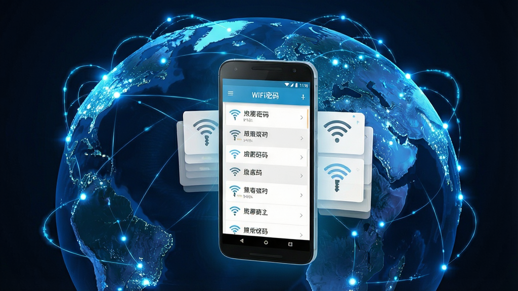 一张展示WiFi密码钥匙海量热点数据库概念图,画面采用三维地球模型作为背景,地球表面分布着密密麻麻的发光蓝色节点,连接线穿梭其间,前方悬浮一部安卓手机,手机屏幕显示WiFi密码钥匙App的热点列表界面,列表项包含不同商户名称和信号图标,风格为科技感数据可视化,细节包含光晕、数据流线条、手机UI卡片,画质高清,干净,无多余元素