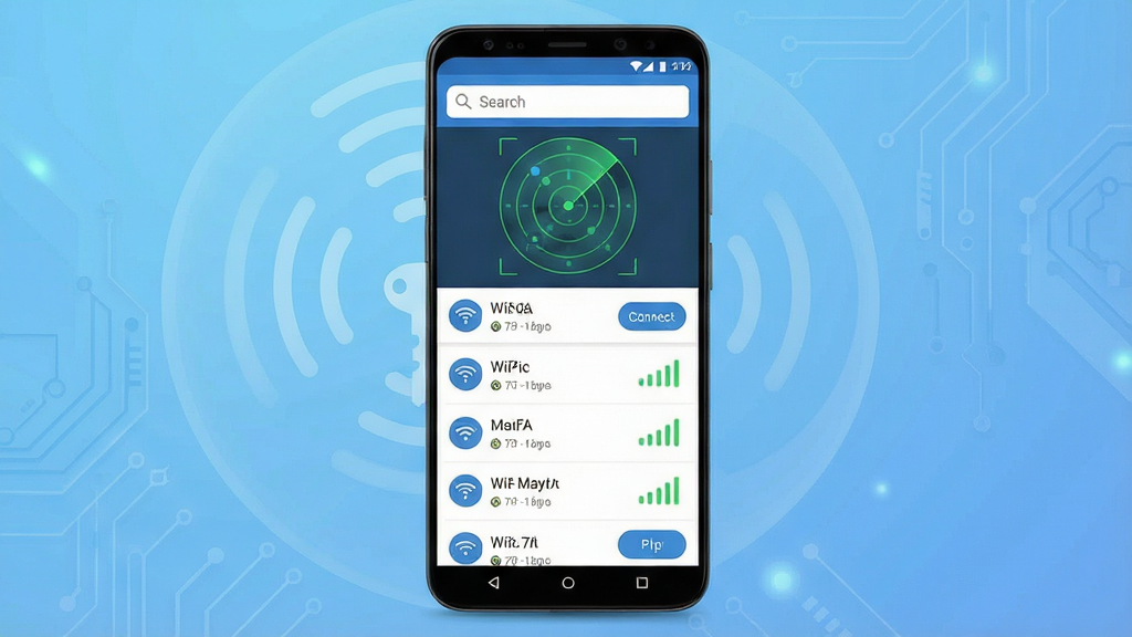 一张展示WiFi密码钥匙软件主界面的手机预览图,画面中央是一部竖直放置的安卓手机,手机屏幕显示WiFi密码钥匙App的首页,页面顶部有搜索框和雷达扫描动画,下方列出一排周边WiFi热点名称与信号强度图标,背景为淡蓝色渐变科技风格,整体布局干净整洁,风格为扁平化UI设计,细节包含信号波纹、钥匙图标、连接按钮,画质高清,干净,无多余元素