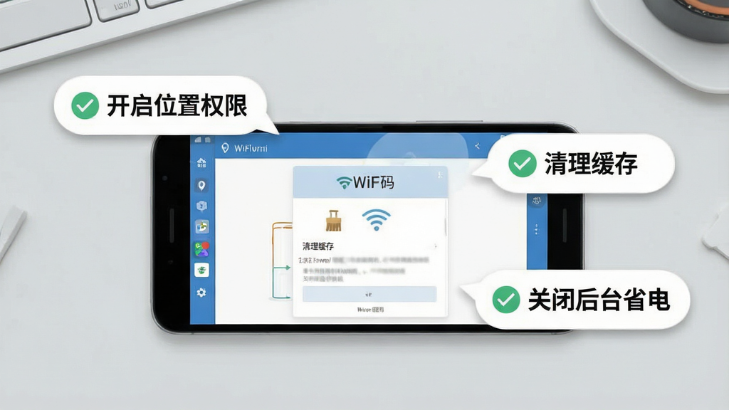 一张展示WiFi密码钥匙使用技巧的图文示意图,画面为一部安卓手机横屏放置,屏幕显示WiFi密码钥匙App的设置页面,旁边漂浮着几个提示气泡,分别写着“开启位置权限”“清理缓存”“关闭后台省电”,背景为浅灰色工作台面,风格为扁平化信息图,细节包含手机UI、气泡文字、勾选图标,画质高清,干净,无多余元素