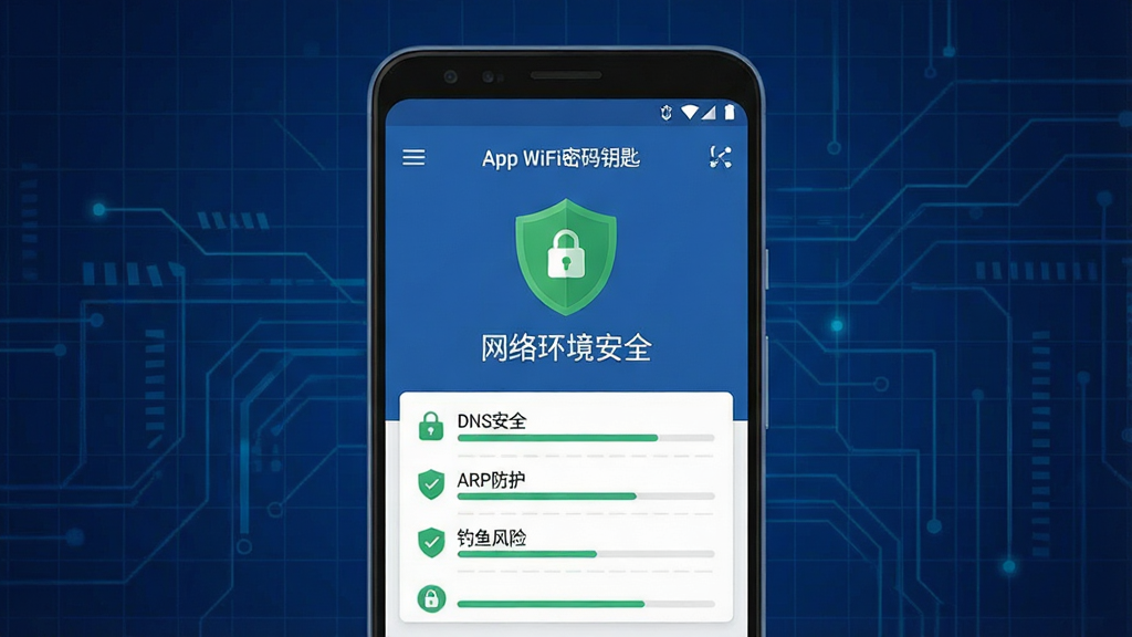 一张展示WiFi密码钥匙安全检测功能的示意图,画面中央是一部安卓手机,手机屏幕显示WiFi密码钥匙App的安全检测页面,页面中有一个绿色的盾牌图标和“网络环境安全”字样,下方列出检测项目如“DNS安全”“ARP防护”“钓鱼风险”等,背景为深蓝色科技网格纹理,风格为扁平化安全主题UI,细节包含盾牌、锁形图标、检测进度条,画质高清,干净,无多余元素