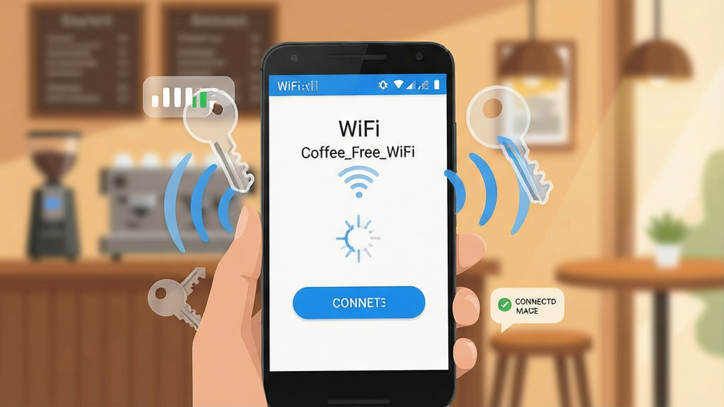 一张展示WiFi密码钥匙一键连接功能的场景图,画面主体是一部手持安卓手机,手机屏幕显示WiFi密码钥匙App正在连接一个名为“Coffee_Free_WiFi”的热点,屏幕上有一个醒目的蓝色连接按钮和旋转加载动画,周围环绕着WiFi信号波纹和钥匙图标,背景为温馨的咖啡馆环境虚化处理,风格为现代扁平插画,细节包含手机UI元素、信号强度格、连接成功提示气泡,画质高清,干净,无多余元素