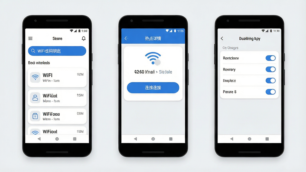 一张展示WiFi密码钥匙极简界面交互的手机UI设计图,画面为三部并排的安卓手机,分别展示WiFi密码钥匙App的首页、热点详情页和设置页,首页突出搜索框与热点列表,详情页展示连接按钮与信号信息,设置页展示简洁的开关选项,整体配色以白、蓝、浅灰为主,风格为现代极简扁平化设计,细节包含圆角卡片、线性图标、留白布局,画质高清,干净,无多余元素