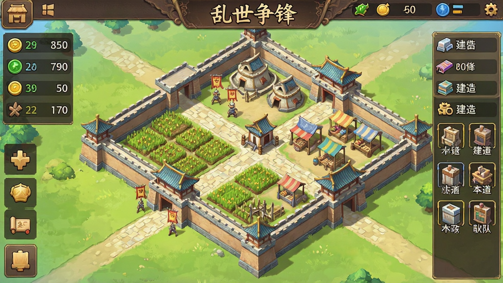 一张手机游戏内政界面的截图风格图片,画面展示古代城池的俯视图,有农田、兵营、市场、城墙等建筑,界面两侧有资源产量和建造队列的图标,顶部显示