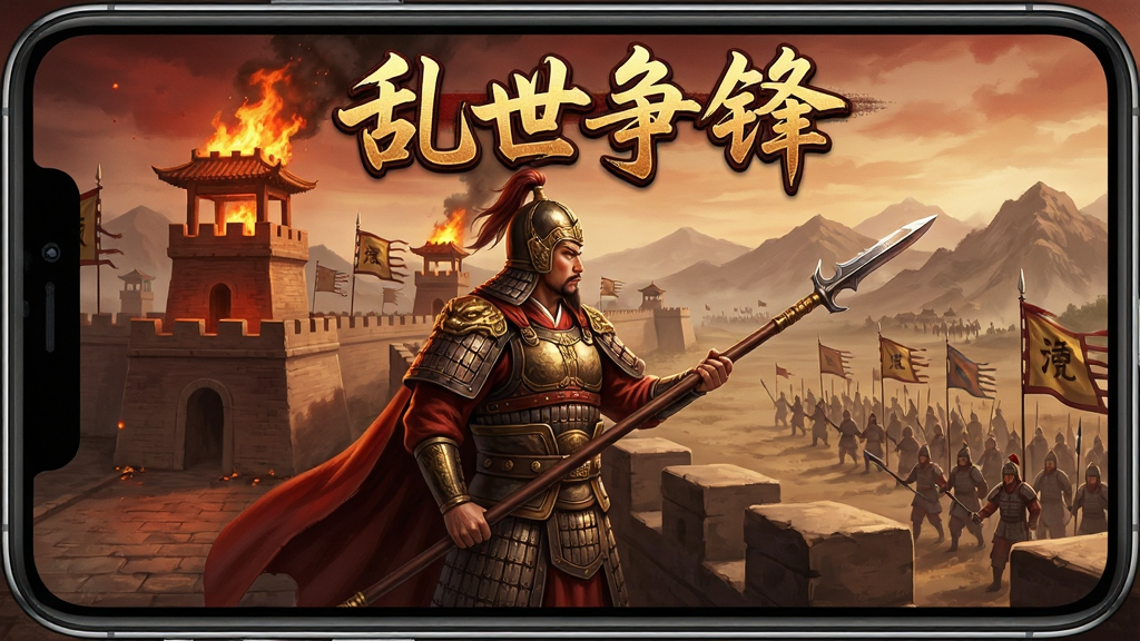 一张以中国古代三国乱世为背景的手机游戏画面,画面中央是一位身披铠甲手持长枪的将军站在城墙上远眺,身后是燃烧的烽火台和飘扬的军旗,远处有连绵的山脉和行军中的军队,整体采用写实风格,色调偏暖红与暗金,画面中带有