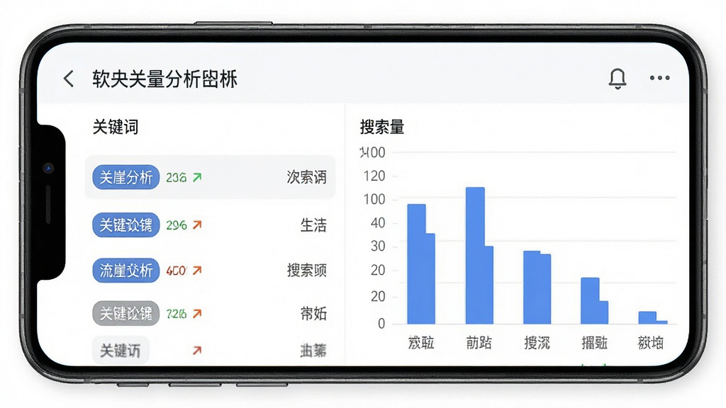 一张展示“青崖流量顾问”软件关键词分析功能的图片,主体是手机屏幕,屏幕上显示关键词列表和对应的搜索量柱状图,布局清晰,排版有序,风格简约商务,细节包括关键词标签和趋势箭头,画质高清,干净,无多余元素