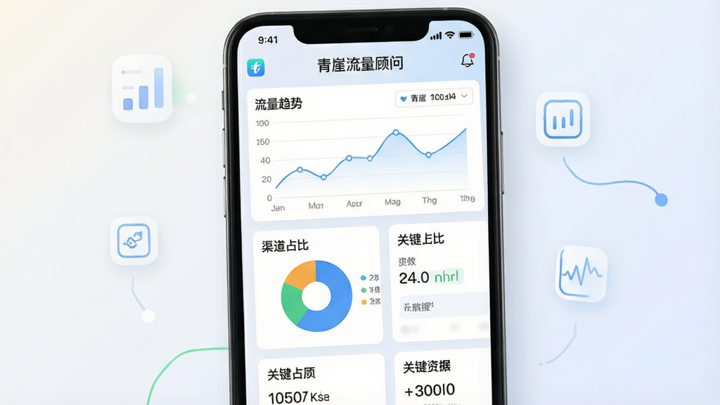 一张展示手机屏幕的图片,屏幕中央显示“青崖流量顾问”应用程序的主界面,界面布局清晰,顶部有软件名称“青崖流量顾问”,下方分布着流量趋势图、渠道占比饼图和关键数据卡片,背景是简洁的浅色渐变,风格现代商务,细节包括清晰的图标和数字,画质高清,干净,无多余元素
