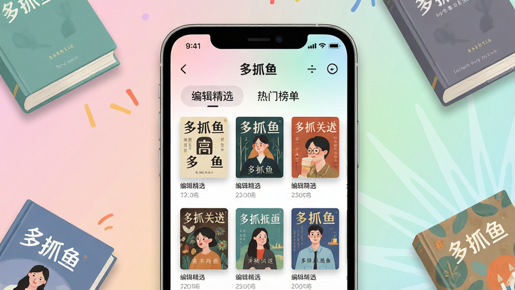 一张展示“多抓鱼”App书单推荐界面的手机 mockup 图,画面中手机屏幕显示多个书籍封面排列成网格,上方有“编辑精选”“热门榜单”标签,背景是柔和渐变色彩,布局为手机居中、周围散落几本实体书,排版活泼,风格为现代UI展示插画,细节包括书籍封面图案、界面图标、阴影效果,画质高清,干净无多余元素。